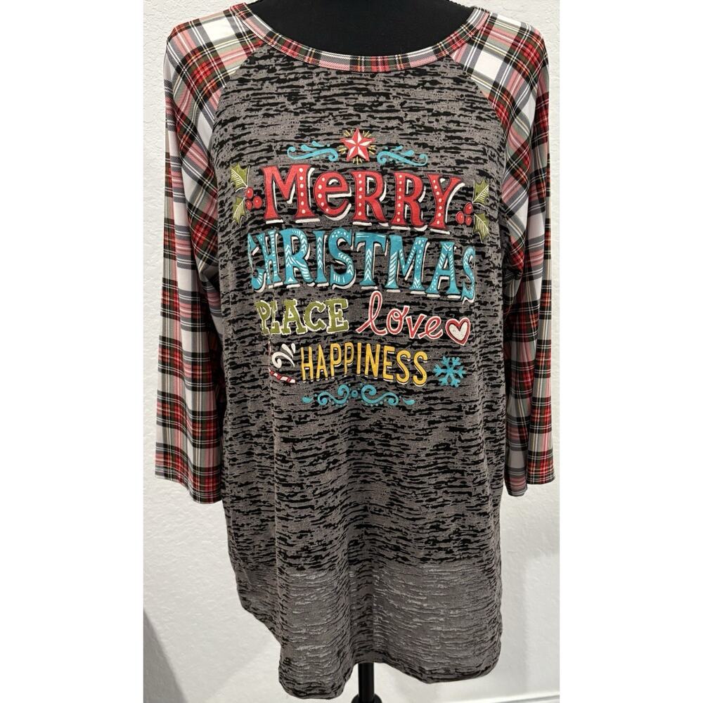 Christmas Tees 2 Ur Door Black Slub Jersey with Plaid Sleeves Size XL